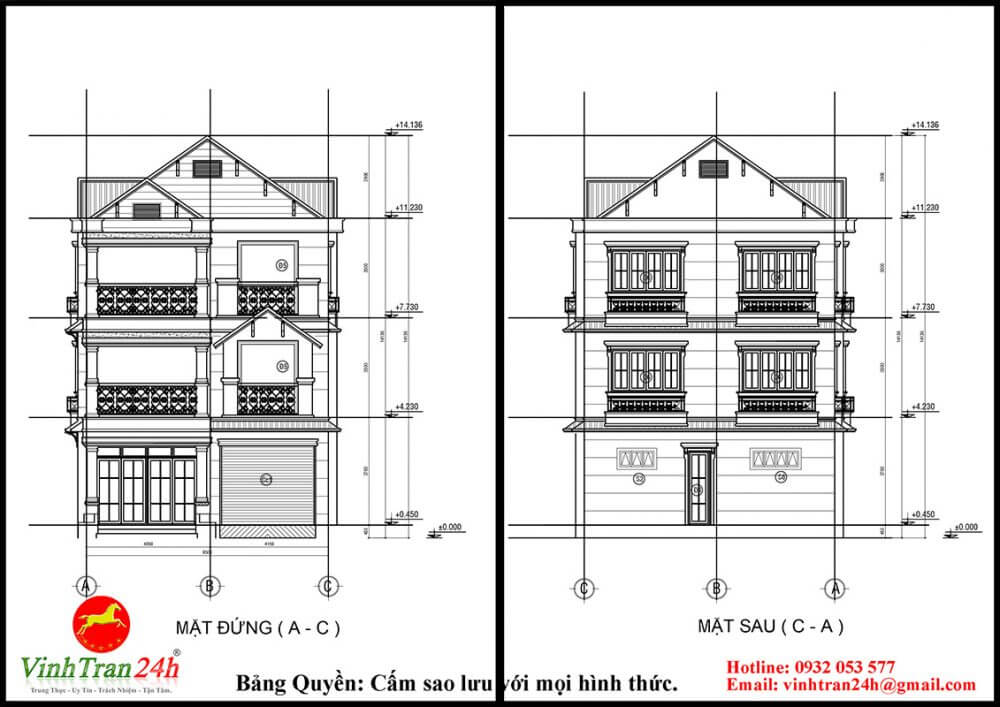 Mặt đứng trước và sau công trình.