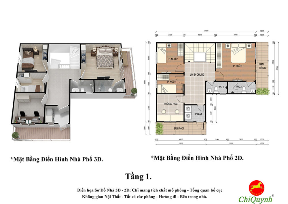 Bản vẽ 3D mặt bằng điển hình nhà phố bất động sản 02
