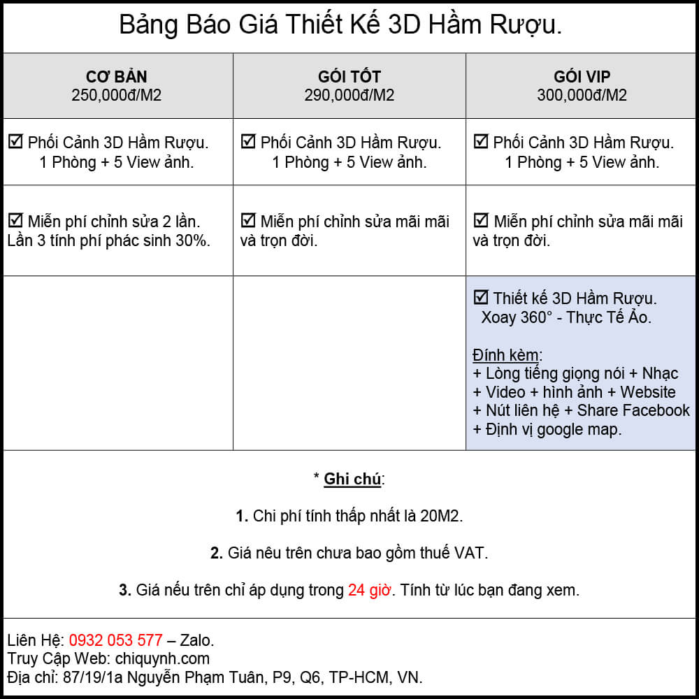 Bảng giá Thiết Kế 3D Hầm Rượu Vang.