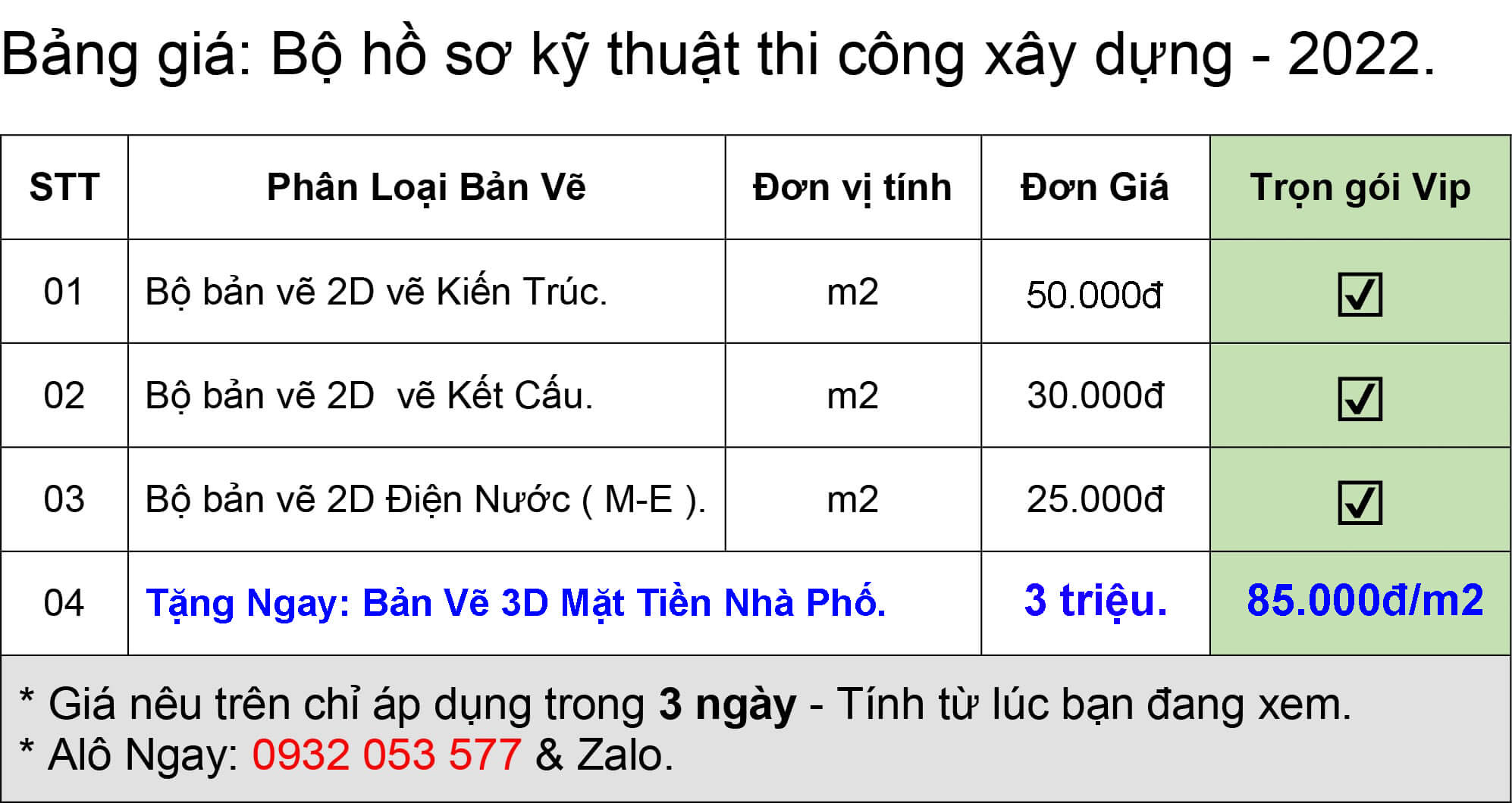 Bảng Báo Giá: Bản Vẽ Thi Công Xây Dựng.