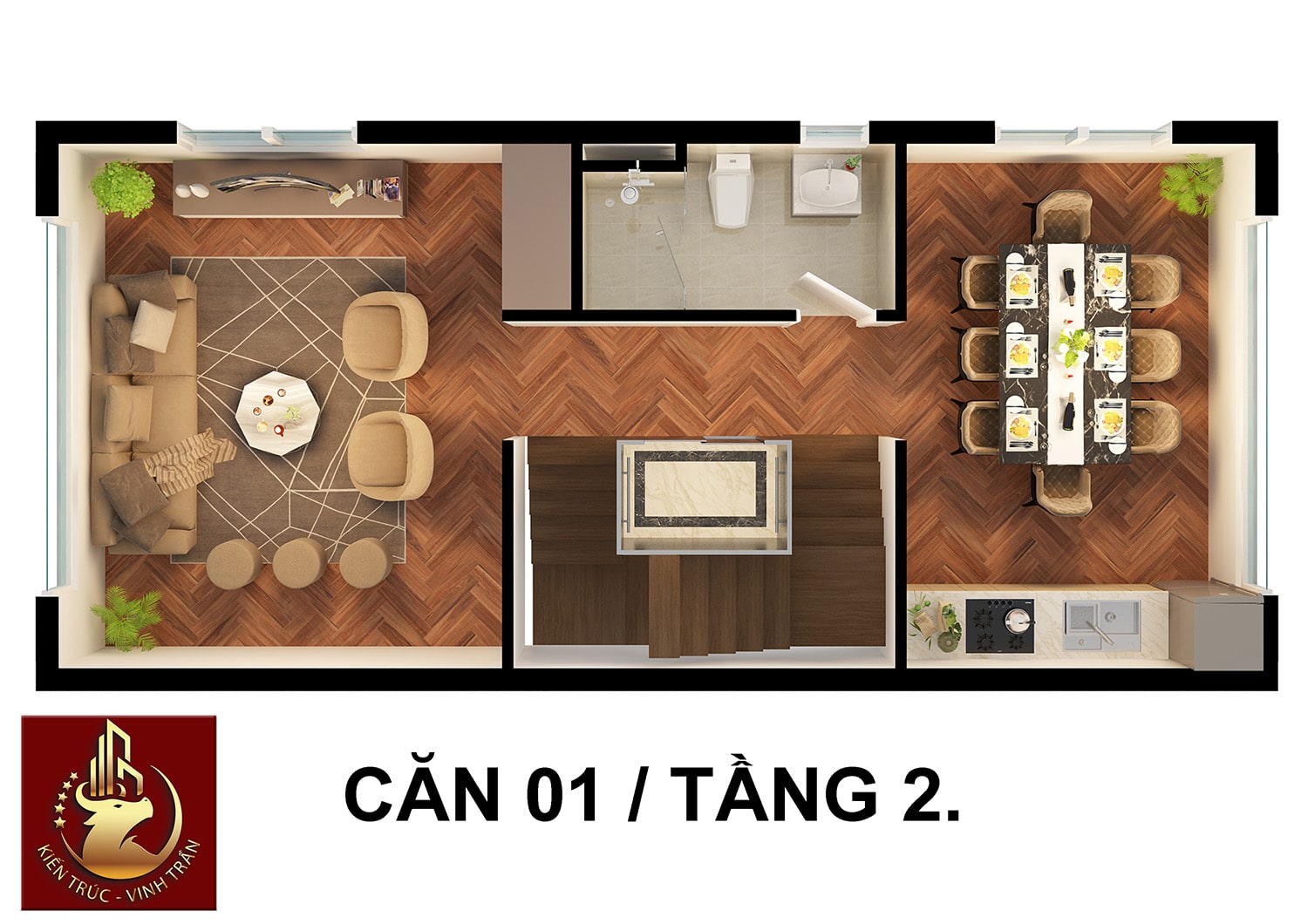 Layout 3D tầng 2 nhà phố.