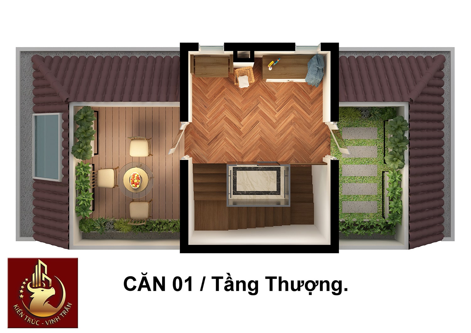 Layout 3D tầng thượng nhà phố.