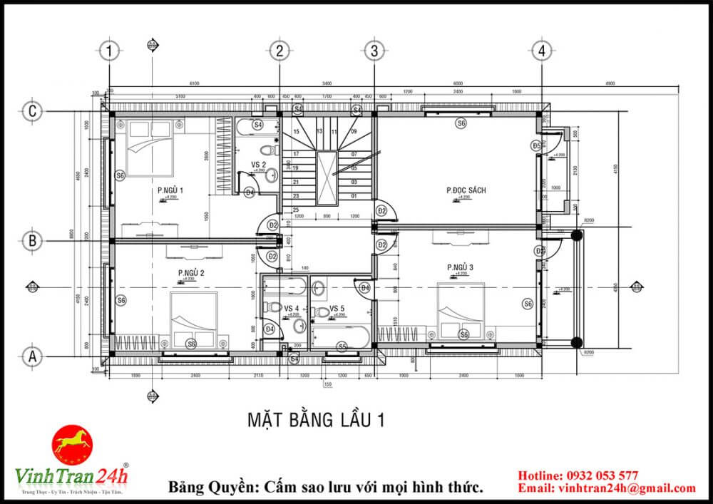 bản vẽ thi công mặt bằng lầu 1