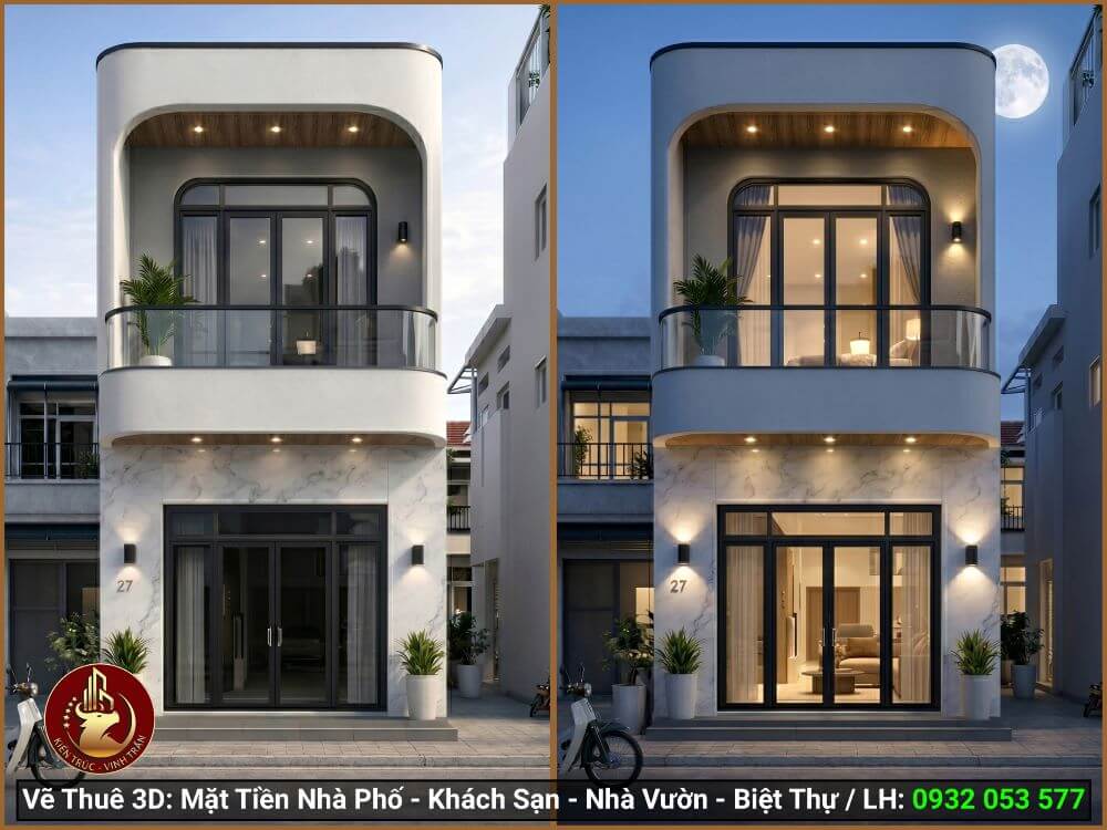 Mẫu 3D mặt tiền nhà phố 2 tầng đẹp, chuẩn thi công cho nhà thầu.