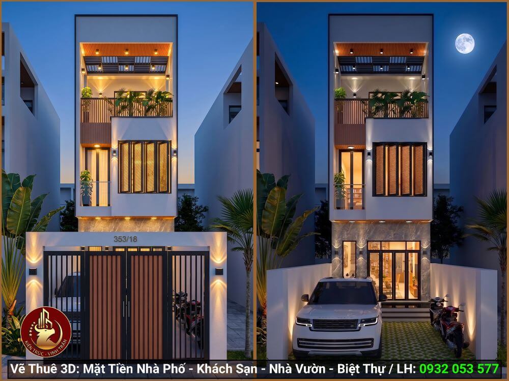Mẫu 3D mặt tiền nhà phố 3 tầng hiện đại cho nhà thầu xây dựng.
