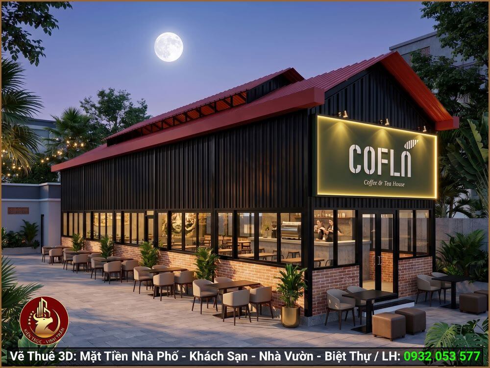 Mẫu 3D mặt tiền quán coffee đẹp cho nhà thầu thi công xây dựng.