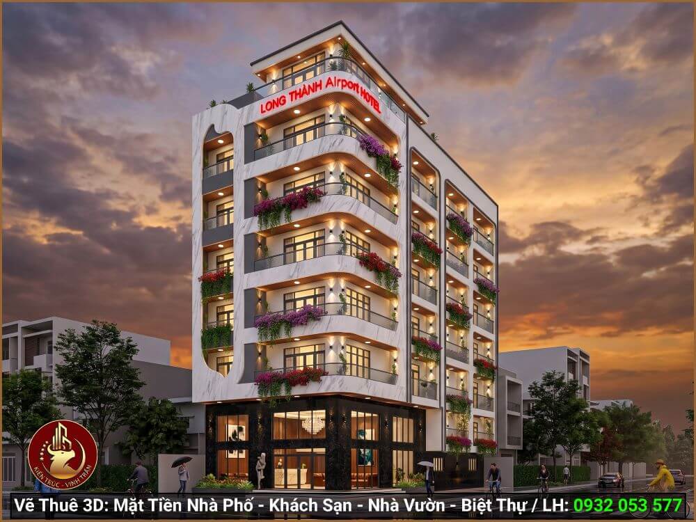 Mẫu 3D mặt tiền khách sạn sang trọng cho nhà thầu xây dựng.