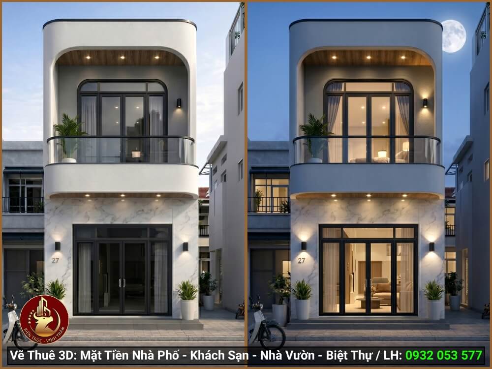 Mặt Tiền Nhà Phố Đẹp 2027 Mẫu mặt tiền nhà phố 2 tầng đẹp 2027 thiết kế hiện đại, ốp đá marble sang trọng.
