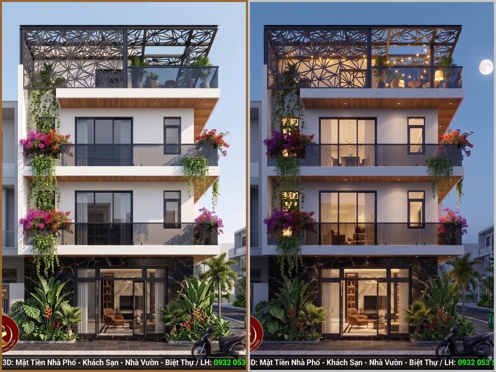 Mặt Tiền Nhà Phố Đẹp 2027 Mẫu nhà phố 2 mặt tiền đẹp cuốn hút 2027 thiết kế không gian mở sang trọng.