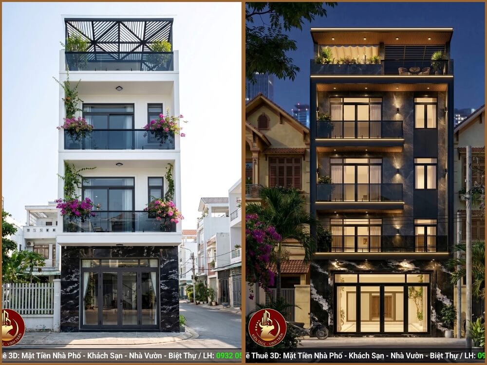 Mặt Tiền Nhà Phố Đẹp 2027 Thiết kế mặt tiền nhà phố 4 tầng sang trọng 2027 ốp đá marble và kính cường lực.