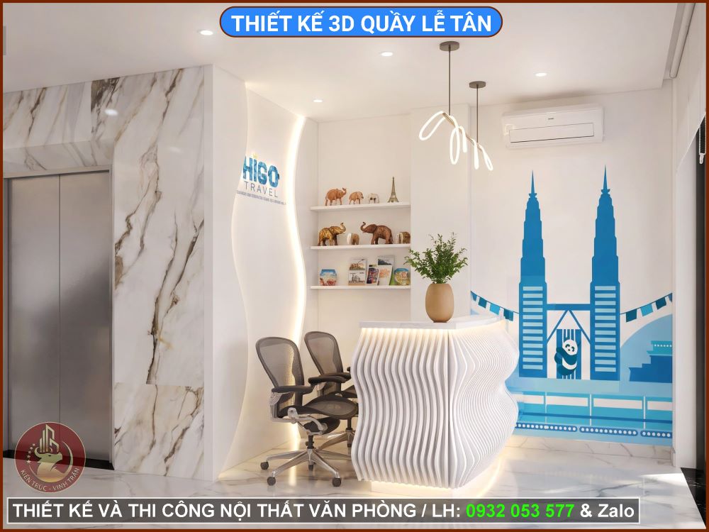 Phối cảnh thiết kế 3D quầy lễ tân công ty chuyên nghiệp, tạo điểm nhấn cho thiết kế văn phòng.