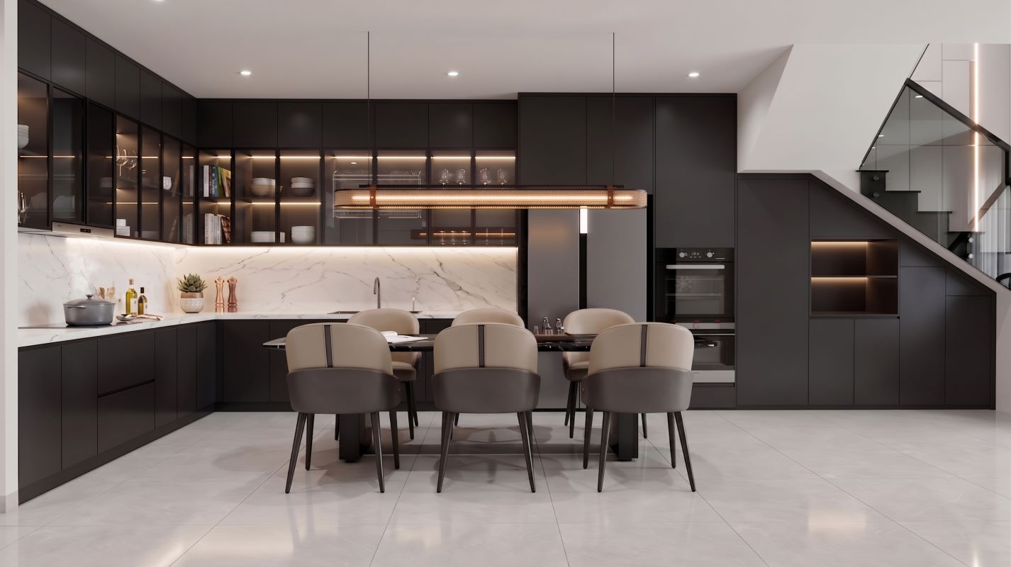 Thiết kế nội thất nhà phố khu vực bếp ăn tiện nghi với hệ tủ kịch trần tối ưu diện tích lưu trữ.