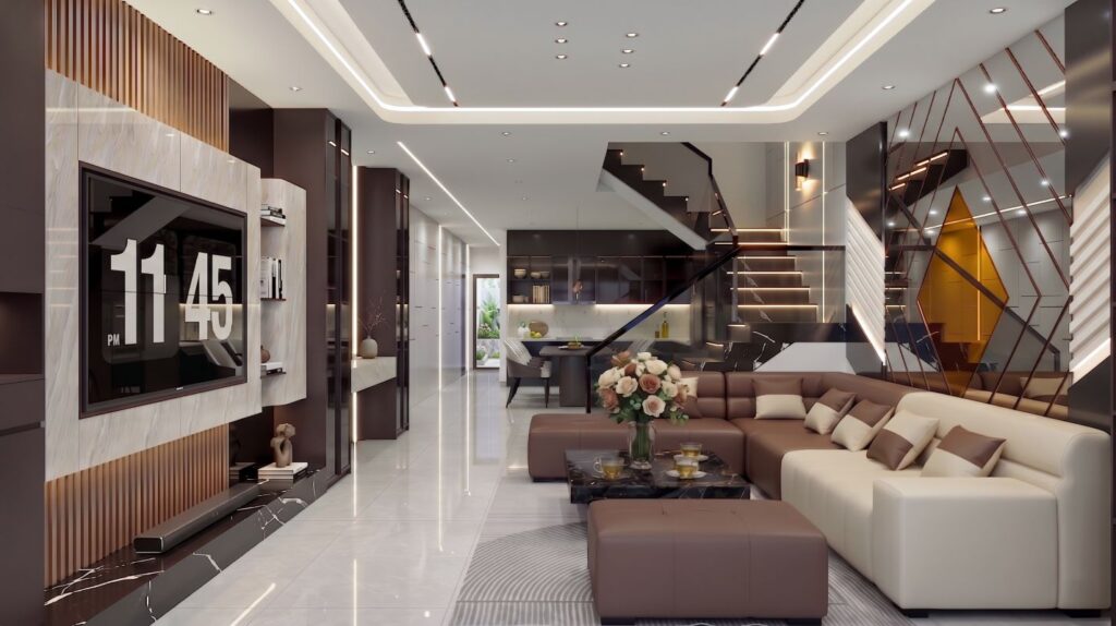 Mẫu thiết kế nội thất nhà phố phong cách hiện đại với phòng khách tối ưu diện tích và ánh sáng tự nhiên.