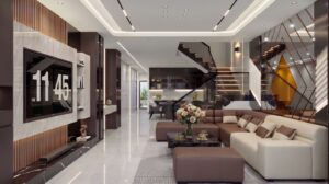 Mẫu thiết kế nội thất nhà phố phong cách hiện đại với phòng khách tối ưu diện tích và ánh sáng tự nhiên.