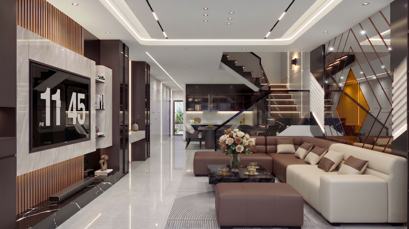 Mẫu thiết kế nội thất nhà phố phong cách hiện đại với phòng khách tối ưu diện tích và ánh sáng tự nhiên.