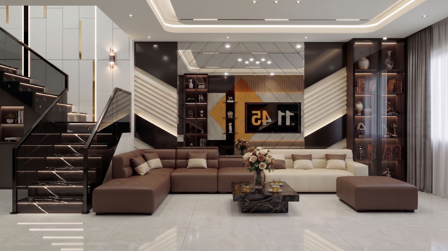 Thiết kế nội thất nhà phố phòng khách sang trọng với vách ốp đá kết hợp hệ đèn led hắt sáng tinh tế.