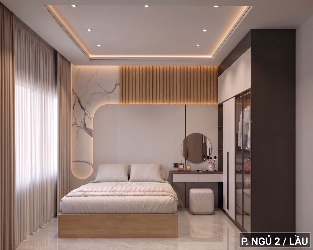 Thiết kế nội thất nhà phố phòng ngủ con gái với tone màu trang nhã và bàn học liền tủ tiện nghi.