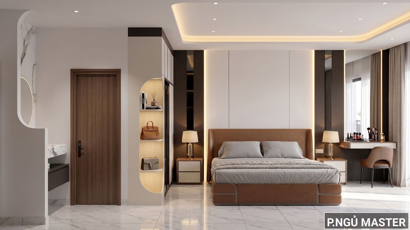 Thiết kế nội thất nhà phố phòng ngủ Master đẳng cấp với vách ốp đầu giường và hệ tủ áo cánh kính sang trọng.
