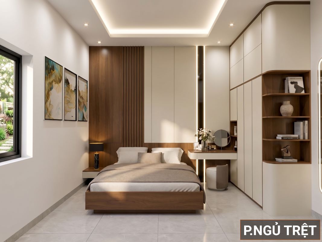 Thiết kế nội thất nhà phố phòng ngủ ông bà với tone màu trầm ấm và lối đi thông thoáng an toàn.