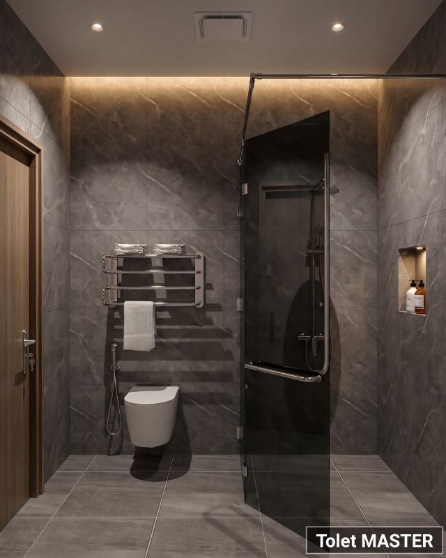 Thiết kế nội thất nhà phố phòng tắm Master với vách kính ngăn khu khô ướt hiện đại và sạch sẽ.